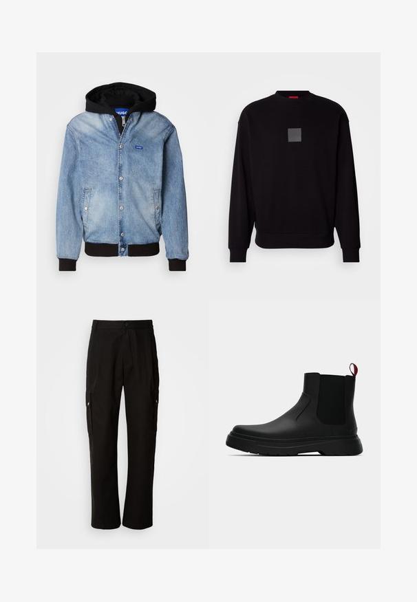 Svetlo modra denim jakna s črno kapuco, zapiranje na pritisni gumb, stranski žepi, rebrasti manšeti in majhnim modrim logotipom blagovne znamke na prsih.; Črn pulover z dolgimi rokavi, okroglo izrezan, spredaj z sivim kvadratnim logotipom, mehkega materiala in rebrastimi manšetami ter robom.; Črne cargo hlače iz bombaža z sproščenim krojem, opremljene s stranskimi žepi, gumbom za zapiranje in ravnimi nogami. Preprost dizajn brez vzorcev.; Črne gležnjarje z gladkim zaključkom, elastičnimi stranskimi paneli in kontrastnim rdečim izvlečnim trakom, ki vključujejo debel gumijast podplat in zaobljen nos.