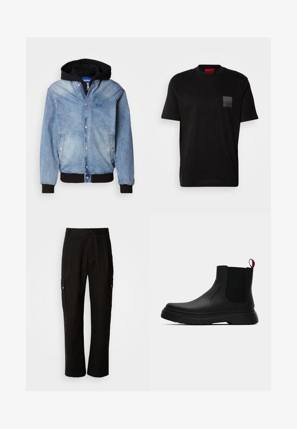 Light blue denim jacket with black hood, snap button closure, side pockets, ribbed cuffs, and a small blue brand logo on the chest.; Black cotton T-shirt with a crew neck, featuring a textured black patch with logo on the left chest. Short sleeves and relaxed fit.; Black cargo pants made of cotton with a relaxed fit, featuring side pockets, a button closure, and straight legs. Simple design without patterns.; Black ankle boot with a smooth finish, elastic side panels, and a contrasting red pull tab, featuring a thick rubber sole and rounded toe.
