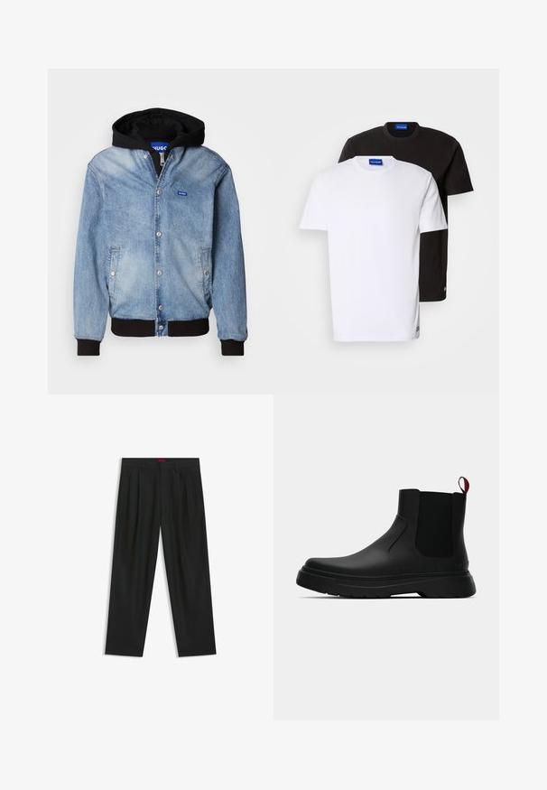 Lyseblå denimjakke med sort hætte, trykknaplukning, sidelommer, ribbede manchetter og et lille blåt logo på brystet.; To T-shirts stablet: en hvid og en sort. Korte ærmer, runde halsudskæringer, stof af bomuld. Har et lille blåt logo ved halsudskæringen.; Sorte bukser med plisseret design, bred benform og en glat tekstur. Har et rødt taljetag.; Sort ankelstøvle med en glat overflade, elastiske sidepaneler og en kontrasterende rød træksløjfe, der har en tyk gummisål og rund tå.