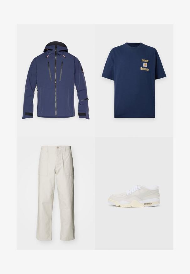 Tamsiai mėlynas švarkelis su gobtuvu, priekiu su užtrauktuku, dviem krūtinės kišenėmis su užtrauktukais ir Velcro rankogaliais. Pagamintas iš lygaus, atsparaus oro sąlygoms audinio.; Tamsiai mėlyna medvilninė marškinėliai trumpomis rankovėmis, su auksiniu tekstu "Carhartt University" ir logotipo siuviniu kairėje krūtinės pusėje.; Šviesiai pilki plačius kelnes, pagamintas iš medvilnės. Yra priekinės kišenės ir mygtuko uždarymas. Lygus paviršius su subtiliomis vertikaliomis linijomis.; Batai sportiniai su šviesiai smėline sintetine apdaila, baltais raišteliais ir matoma amortizacija. Ypatybių sąraše – lygus padas ir subtilūs šoninės detalės.