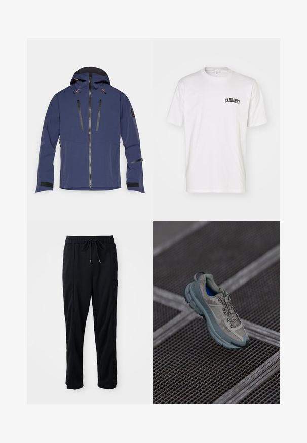 Chaqueta azul marino con capucha, cremallera frontal, dos bolsillos en el pecho con cremallera y puños de Velcro. Fabricada con un material liso y resistente a la intemperie.; Camiseta de algodón blanca con mangas cortas y cuello redondo. Presenta un logo negro de "Carhartt" impreso en la parte superior izquierda del pecho.; Pantalones casuales negros con cordón en la cintura, con bolsillos laterales y corte de pierna recta sobre un fondo liso.; Zapatilla deportiva en color beige y gris con parte superior de malla texturizada, punta redondeada y suela de goma, que presenta cordones y un collar acolchado.
