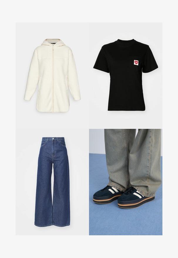 Helly Hansen - Kurtka z polaru; Czarna bawełniana koszulka z okrągłym dekoltem i krótkimi rękawami. Posiada kieszonkę z przodu z logo czerwonego serca i białym napisem.; Szerokie dżinsy wykonane z ciemnoniebieskiego denimu. Wysoki stan z zapięciem na suwak i guzik. Posiada klasyczny pięcio-kieszeniowy styl oraz podwinięte końce.; Ciemnoniebieskie zamszowe sneakersy na platformie z białymi paskami i czarnymi sznurowadłami. Posiadają grubą brązową gumową podeszwę. Noszone z jasnoniebieskimi spodniami dżinsowymi.