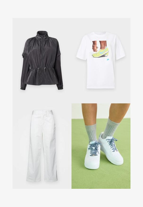 Lahka črna vetrovka z oprijetim elastičnim pasom, visokim ovratnikom, zadrgo in nabranimi detajli na ramenih. Dolgi rokavi.; Bela bombažna majica s potiskom nog v rumenih Nike kopačkah z modrimi dodatki, dopolnjena z zapestnico na levi roki.; Bele hlače širokega kroja iz bombaža, z gladko teksturo, pravim fitom, sprednjimi žepi in čistim robom.; Bela usnjena športna obutev z modrimi poudarki, perforiranim dizajnom na prstih in teksturiranimi modro-belimi vezalkami, obuta z sivimi rebrastimi nogavicami.