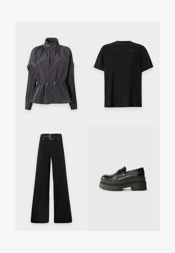 Kerge must tuulejope, millel on sobiv elastne vöökoht, kõrge krae, lukuga suletav ja kokkusurutud õlavarre detailid. Pikad varrukad.; Must must والdasدةكت اینسا لی منقلن. الشرطة دعم نديجر هذهormaول ذاتنا ظل مرئي طل هوك تحتها, غير سملة. قماش ناعم.; Mustad laiad mustad püksid, mis on valmistatud puuvillast, kõrge vöökoha, suurte küljetaskute ja kumerate rihmadega, kus on hõbedased detailid.; Mustad mustrennistest nahast mokad, millel on paks platvormi tald. Ümar varvas, eesmine õmblusdetail ja peened õmblemisaktsendid. Lame, tekstureeritud välistald.