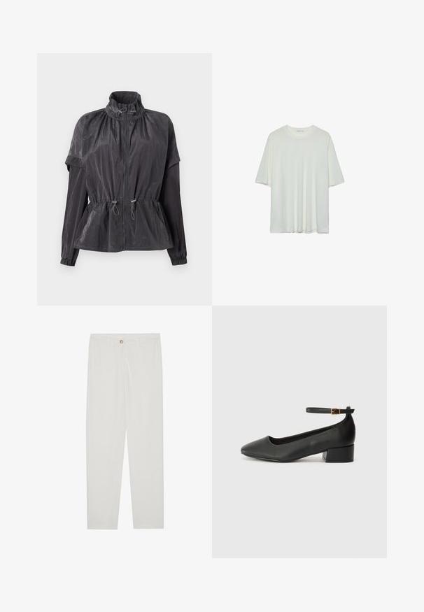 Lekka czarna kurtka przeciwwiatrowa z dopasowanym elastycznym pasem, wysokim kołnierzem, zapięciem na zamek oraz marszczonymi detalami na ramionach. Długie rękawy.; Biała koszulka z krótkim rękawem, okrągły dekolt, miękka tkanina bawełniana, luźny krój, bezszwowy dół, minimalistyczny design bez zdobień.; Białe, dopasowane spodnie z prostymi nogawkami, posiadające zapięcie na guzik, szlufki na pasek oraz kieszenie boczne; gładka tekstura materiału.; Czarne skórzane szpilki z ostrym noskiem i niskim słupkowym obcasem. Wyposażone w pasek na kostkę z złotym zapięciem. Gładka tekstura.