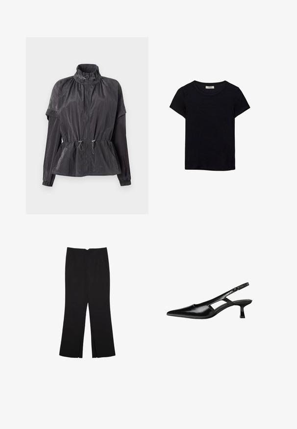 Letvægts sort vindjakke med et tætsiddende elastisk liv, høj krave, lynlås lukning og rynkede skulderdetaljer. Lange ærmer.; Sort kortærmet t-shirt lavet af blødt stof. Har en klassisk rund halsudskæring og en afslappet pasform. Ingen mønstre eller accenter synlige.; Sorte bukser med lige pasform, der har frontlommer og slidser i kanten. Lavet af blødt, glat stof. Velegnet til forskellige anledninger.; Sorte patentlæder slingback hæle med spids tå, udskåret sideskærm og en lille firkantet hæl. Glat tekstur med minimale detaljer.
