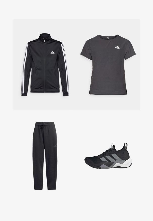 Casaco atlético preto com gola alta, fecho frontal e riscas brancas ao longo das mangas. Apresenta um logótipo branco bordado no peito.; T-shirt atlético de mangas curtas, cinza escuro com textura perfurada. Apresenta um logo branco e riscas laterais contrastantes. Decote arredondado.; Calças de fato pretas feitas de tecido macio, com uma cintura elástica e um cordão, pernas retas e um logótipo discreto na coxa.; Shoe atlético preto com um cabedal de malha respirável, detalhes em cinza, sola texturizada e três riscas distintas de lado.