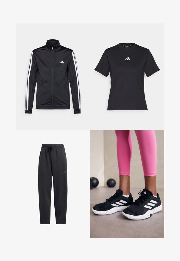 Svart treningsjakke med høy krage, frontglidelås og hvite stripe aksenter langs armene. Har et brodert hvitt logo på brystet.; Svart T-skjorte med korte ermer laget av mykt stoff. Har en hvit Adidas-logo og kontrasterende hvite striper langs sidene.; Sorte joggebukser laget av mykt stoff, med elastisk midjebånd og snøring, rette ben og en diskret logo på låret.; Svarte treningssko med hvite striper, teksturert mesh-overdel og hvit såle. Brukt med rosa leggings, som viser frem treningsklær.