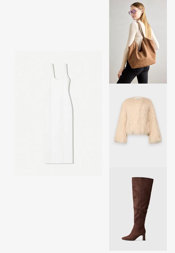 Bunda z umelého kožúška v svetlo béžovej farbe, s textúrovaným, nadýchaným povrchom, širokými rukávmi a skráteným strihom s okrúhlym výstrihom.; Biela bezrukávová šaty s výstrihom do lode, priliehavým strihom a dĺžkou po členky. Vyrobené z hladkej tkaniny s minimalistickým dizajnom.; Hnedé čižmy po kolená vyrobené z mäkkého semišového materiálu. Majú špicatú špičku a zvýšený podpätok pre stabilitu. Hladký, matný povrch.; Hnedá semišová taška na rameno s mäkkou textúrou, veľkým otvorom a dlhými popruhmi. Má jednoduchý dizajn s viditeľným šitím a bez kovových prvkov.
