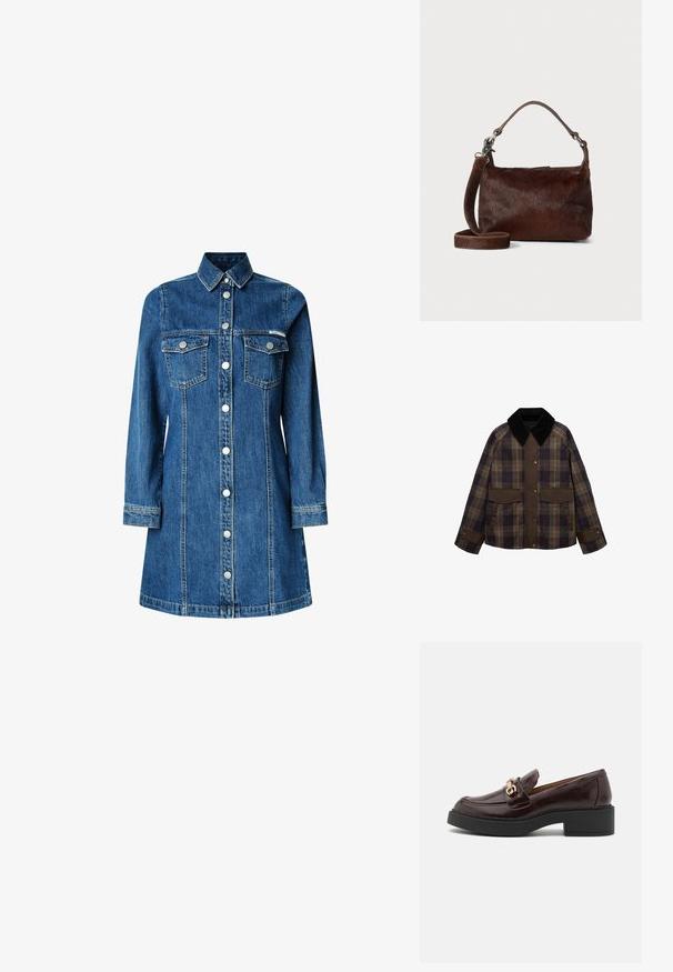 Brown and plaid jacket featuring a black corduroy collar, two front pockets, and a button closure. Made of a textured fabric.; Denim shirt dress, long sleeves, button-up front, two chest pockets, classic collar, medium blue color, and light stitching details.; Brown leather loafer with a gold accent buckle, black block heel, and a smooth texture. Side view showcases rounded toe and stitched detailing.; Brown leather handbag with a soft, textured fur-like exterior, slim design, a short handle, and a detachable strap.
