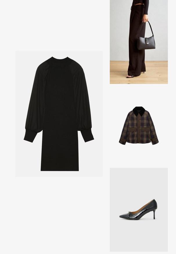 Brun och rutigt jacka med en svart kordflöjt krage, två framfickor och knappstängning. Tillverkad av ett texturerat tyg.; Svart klänning med ribbat tyg, puffärmar och hög halsringning. Silhuetten är rak och når knäna.; Svart lackläder högklackad sko med spetsig tå, dekorativ rem detalj fram och en tunn stilettklack.; Svart handväska med strukturerad form, slät yta och metallspänne. Matchad med vida svarta byxor och sandaler med öppen tå på trägolv.