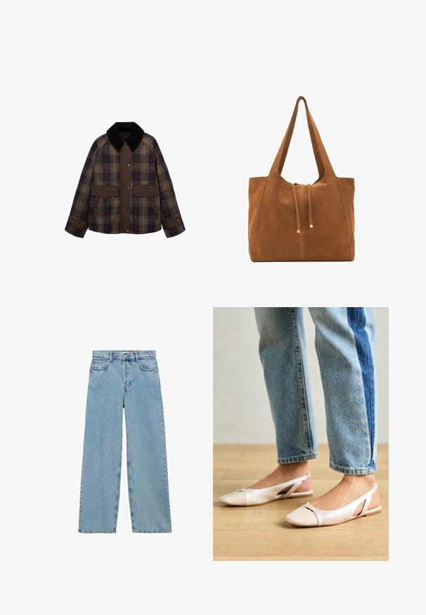 Rjav in kariran jopič z črnim kord jermenom, dvema sprednjima žepoma in gumbom. Narejen iz teksturirane tkanine.; Rjava pletena jopica z okroglim ovratnikom, rebrastimi manšetami in robom, z majhnim logotipom na prsih, izdelana iz teksturirane tkanine.; Mango Široke kavbojke - blue; Svijetloružičaste slingback balerinke s šiljastim nožnim prstima, napravljene od glatkog materijala nalik koži. Imaju izrezane detalje sa strane i ravne pete.; Rjava semiš torba z dvema dolgima ročajema, z vrvico za zapiranje in minimalističnim dizajnom. Gladka tekstura in brez vidnih kovinskih dodatkov.