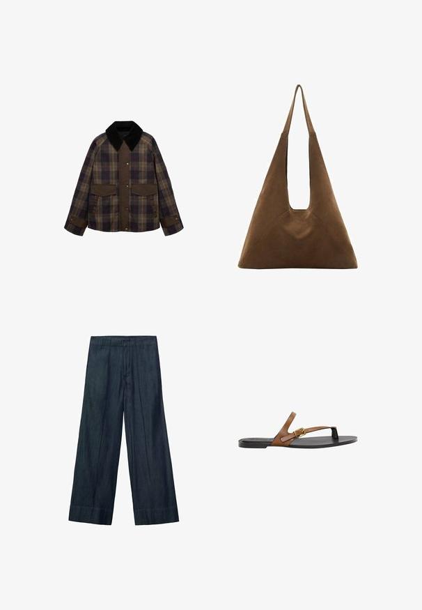 Braune und karierte Jacke mit einem schwarzen Cordkragen, zwei Fronttaschen und einem Knopfverschluss. Hergestellt aus einem strukturierten Stoff.; Marineblaues T-Shirt mit kurzen Ärmeln und weißem Blumenmotiv sowie Texten wie "Das Blumenarchiv", "Die Evermist Gartengesellschaft" und "Wild Flora Co."; Weite Jeanshose aus dunklem Denim mit hohem Bund, Vorderfalten und einer glatten Textur. Der Saum ist gerade ohne zusätzliche Verzierungen.; Sandale aus braunem Leder mit einem goldenen Schnallendetail, flacher schwarzer Sohle und minimalistischer Gestaltung, mit einer glatten Textur.; Braune Wildleder-Totebag mit einem dreieckigen Design, langen Schulterriemen und einem großen offenen Oberteil mit einem Ausschnittgriff.