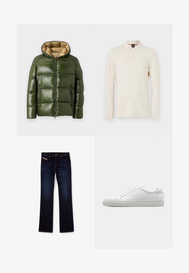 Roheline puhvjakas läikiva viimistlusega, millel on kapuuts, esine tõmblukk, kaks tõmblukuga taskut ja beež sisevooder.; Pikae varrukatega polo-särk heledas beežis, valminud siledast kangast, millel on polo krae, kahe nupuga lukk ja väike logo plekk rinnal.; Tumed sinine denimist teksapüksid sirge lõikega, millel on oranž õmblus, lukuga ees ja eesmine tasku. Sile tekstuur ja tavaline vöökoht.; Valge tennisetoss, millel on sile nahk pealis ja madal profiil. Omab ümarat ninaosa, kuut silmust ja tekstuuriga kummist talda.