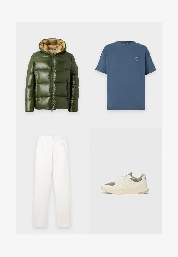 Veste doudoune verte avec une finition brillante, dotée d'une capuche, d'une fermeture éclair à l'avant, de deux poches zippées et d'une doublure intérieure beige.; T-shirt en coton bleu avec col rond classique, manches courtes, coupe décontractée et deux petits logos imprimés sur la poitrine. Texture lisse.; Pantalons blancs en tissu lisse, présentant une coupe droite, des plis avant et une fermeture à un bouton à la taille.; Basket de sport blanche et beige clair, avec une tige en maille, des détails perforés et une semelle intermédiaire texturée avec un logo sur le talon.