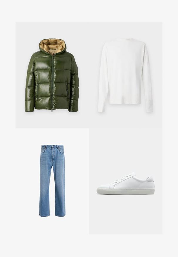 Zelená péřová bunda s lesklým povrchem, s kapucí, předním zipem, dvěma kapsami na zip a béžovou podšívkou.; Bílá bavlněná košile s dlouhým rukávem a kulatým výstřihem, s bočními rozparky na spodní části a hladkým povrchem, vystavená zezadu.; Světle modré džínové kalhoty s rovnými nohavicemi, pěti kapsami, zapínáním na knoflík, minimálním vyblednutím a kontrastním prošitím.; Bílé tenisky s hladkým koženým svrškem a nízkým profilem. Mají zaoblenou špičku, šest nýtů a texturovanou gumovou podrážku.