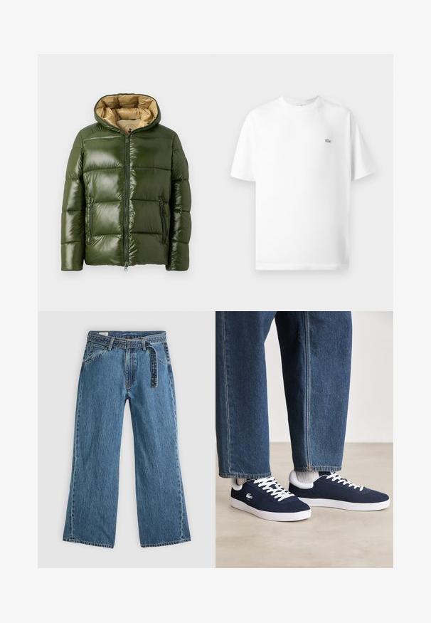 Vihreä puhvitakki, jossa on kiiltävä pinta, huppu, edessä vetoketju, kaksi vetoketjullista taskua ja vaaleanbeige vuori.; Valkoinen puuvillapaita, jossa on pyöreä kaula-aukko ja lyhyet hihat. Vasemmassa rinnassa on pieni musta Lacoste-logo.; Sininen farkkukankaasta valmistettu leveälahkeinen jeansihousut, joissa on kiinnitetty vyö, etutaskut ja näkyvää ommelta vaalealla taustalla.; Siniset kangaskengät valkoisilla nauhoilla ja kumipohjilla, esillä farkkuhousujen ja harmaiden ribattujen sukkien kanssa, vaaleanharmaalla pinnalla.