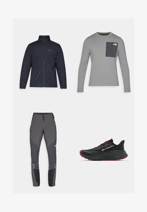 Mustmust värvitud kerge jakk kõrge kraega, täispikk tõmblukk ja logo vasakul rinnal. Tekstuuriga kangas koos minimalistliku disainiga.; Pikacitega hall pikka varrukaga särk, millel on tekstuuriga kangas, tumeda halli rinnataskuga ja tõmblukuga. Taskul valge logo.; Hallkonnad hallid matkapaid, millel on kitsenev disain, mitmed taskud ja kontrastsed tumedat halli ning musta aktsendid. Valmistatud paindlikust ja vastupidavast materjalist.; Mustan värvi spordijalats tekstuuriga pealisega, punaste paelte ja logoga. Paksem tallaga, millel on mustritooted kaheksast edasi liikumiseks. Minimalistlik disain, külgvaade.