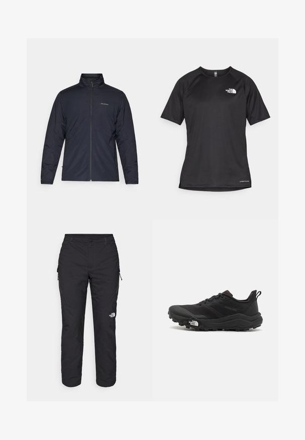 Black lightweight jacket with a high collar, full zipper, and logo on the left chest. Textured fabric with a minimalistic design.; Black short-sleeve athletic shirt with a textured fabric, featuring a white logo on the left chest and a straight hem.; The North Face WINTER EXPLORATION TAPERED CARGO - Outdoor trousers - black; Black trail running shoe with a textured upper, rubber sole, and reinforced toe cap. Features a padded collar and pull tab for easy wear.