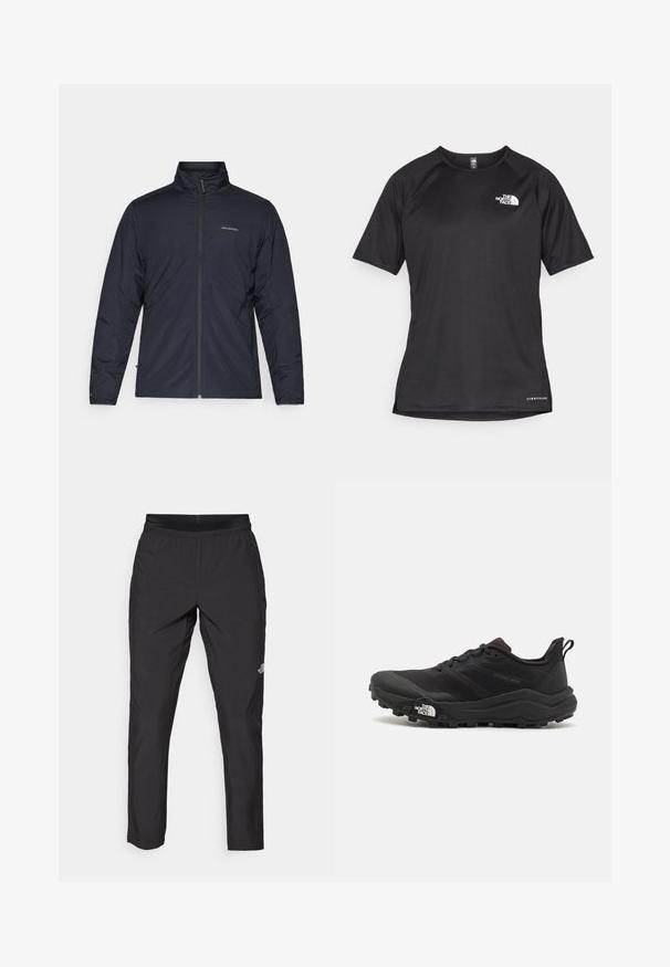 Mustmust värvitud kerge jakk kõrge kraega, täispikk tõmblukk ja logo vasakul rinnal. Tekstuuriga kangas koos minimalistliku disainiga.; Must mustreening, lühikeste varrukatega sportpoliis, millel on tekstuuriga kangas, valge logo vasakul rinnal ja sirge äär.; Mustad mustreid spordipüksid, millel on elastne vöökoht, valmistatud kergest kangast, sisaldades väikest logot sääre alumises osas ning sirget koostisosade kujundust.; Must tume jooksujalats musta värvi, tekstuurse ülemise osaga, kummist tallaga ja tugevdatud varbaga. Omab pehmendusega krae ja tõmblinti mugavaks selga panemiseks.