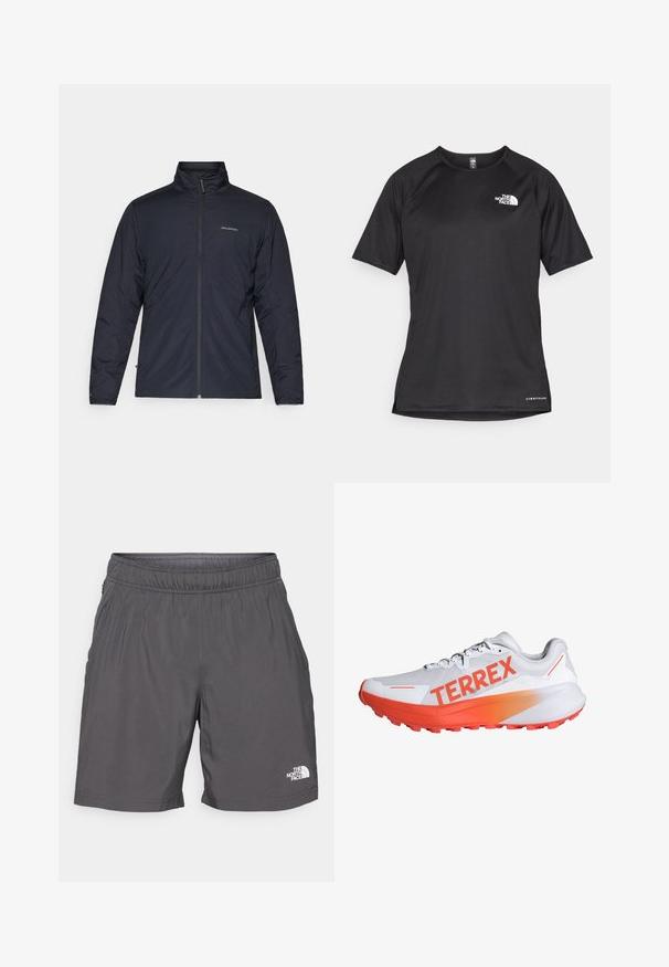 Black lightweight jacket with a high collar, full zipper, and logo on the left chest. Textured fabric with a minimalistic design.; Black short-sleeve athletic shirt with a textured fabric, featuring a white logo on the left chest and a straight hem.; Gray, lightweight shorts with an elastic waistband, side pockets, and a small white logo on the lower left leg. Smooth texture and casual design.; White running shoe with bright orange accents and "TERREX" branding. Features a textured mesh upper and a cushioned sole with traction lugs.