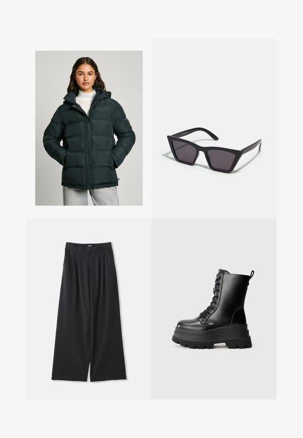 Sötétzöld puffkabát, kapucnival, cipzáros záródással, patent gombokkal és steppelt textúrával. Simább, vízálló anyag.; Fekete, hosszú ujjú, áttetsző csipke felső virágmintával és magas nyakkivágással, amelyen egy apró ráncolt szegély található.; Fekete, bő szabású nadrág pliszékkel, övbucokkal és oldalsó zsebekkel, fehér háttéren lefektetve.; Fekete fűzős boka csizma vastag platform talppal, sima bőr felülettel és húzószalaggal. Nyolc lyukkal és textúrázott talppal rendelkezik.; Fekete, szögletes napszemüveg szürke lencsékkel; műanyagból készült, vastag karokkal, sima felülettel és látható hardver nélkül.; Fekete sál, puha, texturált anyagból készült. Burkolt szélei és téglalap alakja van, ami alkalmas a nyak köré akasztásra.