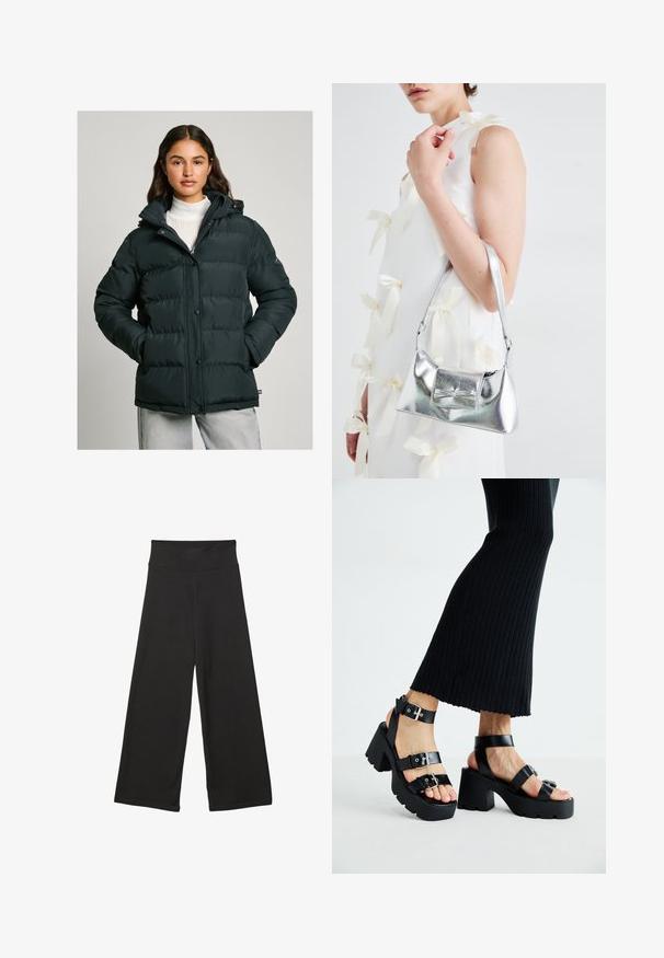Temnozeleni puhasti jopič s kapuco, ki ima zadrgo, pritisne gumbe in prešito teksturo. Gladek, vodoodporen material.; Črna kratka majica s kratkimi rokavi, kratka dolžina, okrogli izrez in preprost dizajn, položena na ravno belo podlago.; Črne široke hlače z visokim elastičnim pasom, izdelane iz mehke tkanine in ohlapnega kroja, primerne za sproščeno nošenje ali casual priložnosti.; Črne platforme s sandali in debelimi, zarezami ter več naramnicami, ki vključujejo kovinske zaponke in gladko teksturo, podobno usnju.; Srebrna metalna torbica z oblikovano strukturo, ki ima zgornji ročaj in detajl v obliki mašne spredaj. Gladka tekstura, z odsevnimi površinami.
