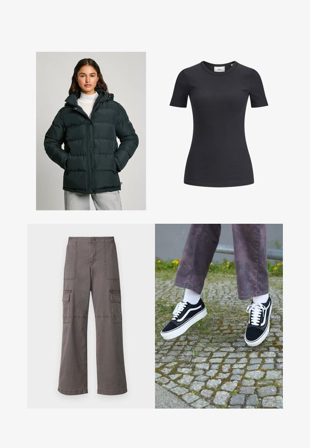 Tamsiai žalia pūkinė striukė su gobtuvu, su užtrauktuku, spaudėmis ir išsiuvinėtu tekstūru. Lygus, vandens nepraleidžiantis medžiaga.; Juodas smulkiai raukšlėtas trumpomis rankovėmis marškinėliai, su apvalia iškirpte. Pagaminti iš minkštos, tamprios medžiagos, su subtilia tekstūra ir prigludusia siluetu.; Pilkos spalvos medvilninės cargo kelnės su plačiais šonais, turinčios dvi priekinės kišenes, dvi šonines kišenes ir matomas siuvimo detales.; Juoda zomšiniai sportbačiai su baltais akcentais, suapvalintu pirštu, storu baltu padu ir klasikinis raištelių dizainas, užsidėti su baltomis kojinėmis ir purpurinėmis kelnėmis.