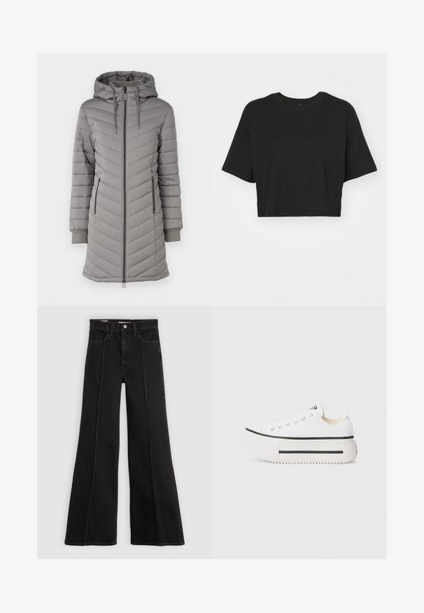 Gray hooded puffer coat with chevron quilted design, front zipper, two side pockets, and ribbed cuffs. Smooth, soft texture.; Black cropped t-shirt made of soft cotton. Features a round neckline, short sleeves, and a relaxed fit with no patterns or accents.; Black high-waist wide-leg jeans with front seam detailing, button closure, belt loops, and front pockets on a plain light background.; White canvas platform sneakers with black rubber sole, round toe cap, and metal eyelets, featuring a simple, clean design.