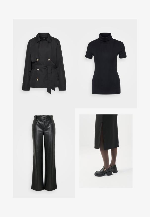 Black trench coat made of smooth fabric, featuring a double-breasted front, gold buttons, a belted waist, and a notched collar.; Black ribbed turtleneck top, short sleeves, form-fitting design, soft texture, minimal seams, and a high collar.; ONLY Tall ONLSMOOTH WIDE  - Trousers - black; Black leather shoes with a rounded toe, thick block heel, and elastic side accents, paired with dark tights and a black skirt with a slit.