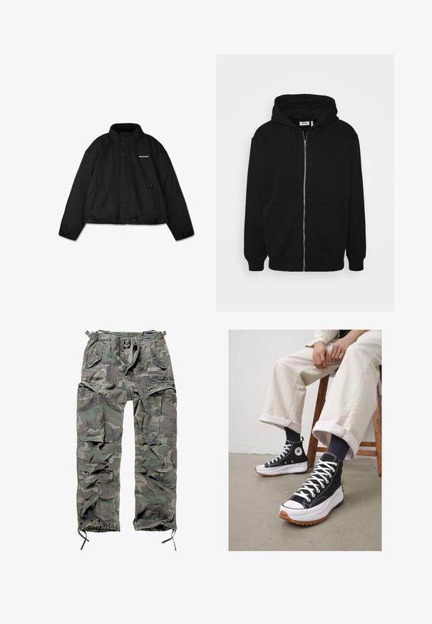 Črna podložena jakna z visokim ovratnikom, z zadrgo na stranskih žepih in blagovno znamko na prsih. Gladka površina, skrajšana zasnova.; Črna zip-up kapuca z vrvico pri kapuci, sprednjimi žepi, rebrastimi manšeti in gladkim materialom. Osrednja oznaka blagovne znamke je vidna znotraj.; Bela bombažna majica s kratkimi rokavi, okroglim izrezom, sproščenim krojem in brez vidnih logotipov ali vzorcev. Gladka tekstura in minimalen dizajn.; Kamo cargo hlače v zeleni in sivi barvi, s številnimi żepi, elastičnim pasom, nastavljivimi zvončkami na gležnjih in sproščenim krojem.; Črne visoke tenisice z belimi vezalkami in gumijastim zaščitnim vrhom. Pogrnjen debel bel podplat z teksturiranim rjavim zunanjim podplatom, obute z mornarskimi črtastimi nogavicami.