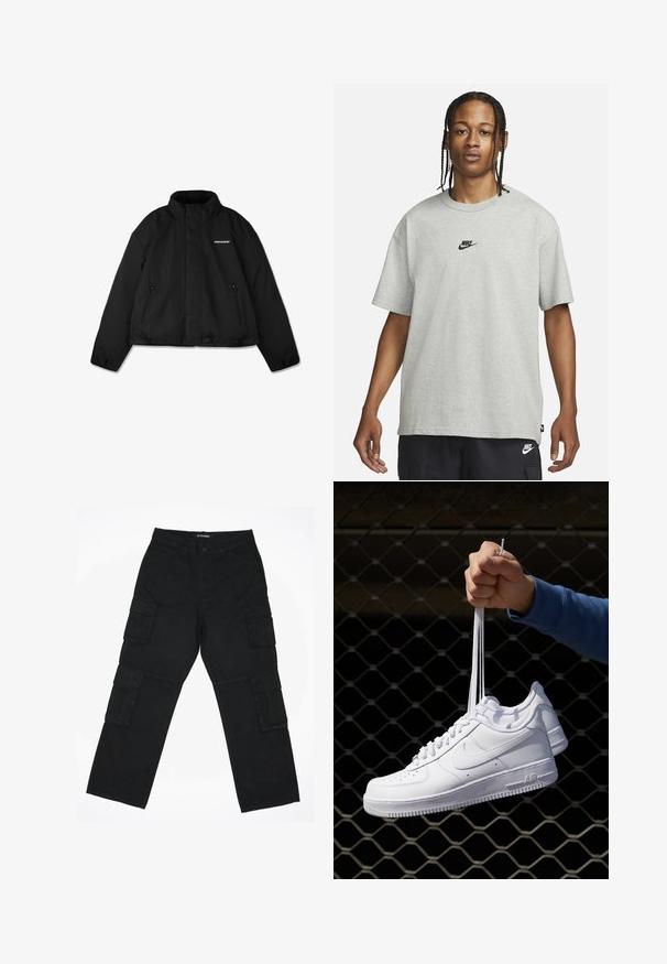 Jachetă neagră căptușită cu guler înalt, buzunare laterale cu fermoar și un logo de marcă pe piept. Finisaj neted, design scurtat.; Tânăr cu părul împletit, îmbrăcat cu un tricou Nike gri deschis și pantaloni scurți Nike negri, pe un fundal alb simplu.; Pantaloni cargo negri din țesătură de bumbac. Prezentază multiple buzunare laterale, un design cu picior drept și un sistem de închidere cu nasture la talie.; Adidași albaștri din piele cu perforații, vârf rotund, talpă plată și șireturi groase, cu un logo swoosh vizibil și cu inscripția "AIR" pe toc.