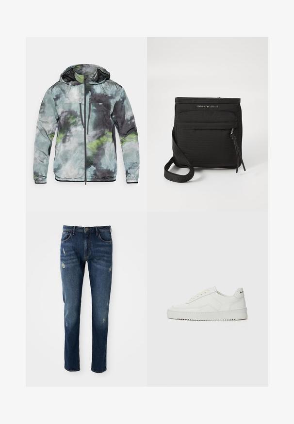 Let jakke i nuancer af grøn, grå og sort. Har hætte, frontlynlås og tekstureret stof med abstrakte mønstre.; Marineblå crewneck sweatshirt med lange ærmer, der har et mønstret ørnelogo med "GA" initialer centreret på brystet.; Mørkeblå denimjeans med slim fit, let slid på lår og knæ, klassisk fem-lomme design og knaplukning.; Hvide lædersneakers med en glat overflade, rund tå, flade snørebånd og en tekstureret sål. Har et diskret logo på hælen.; Sort Emporio Armani crossover taske med frontlomme med lynlås, justerbar rem og logodetalje på tekstureret stof.