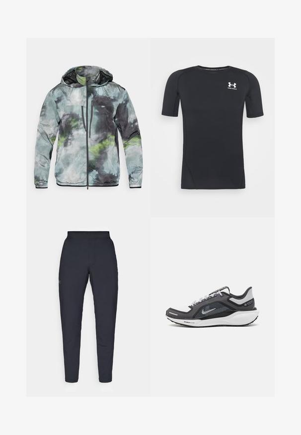 Casaco leve em tons de verde, cinza e preto. Com capuz, fecho frontal e tecido texturizado com padrões abstratos.; Camiseta atlética preta de manga curta, feita de tecido elástico e que absorve a humidade. Apresenta um decote redondo e um pequeno logótipo branco no peito.; Calças de desporto negras com uma textura suave, corte justo, cintura elástica e bolsos laterais. Apresenta um pequeno logótipo na coxa esquerda.; Sapatilha atlética preta e cinza com parte superior em malha, detalhes reflexivos e uma entressola branca. Apresenta uma sola de borracha texturizada e atacadores.