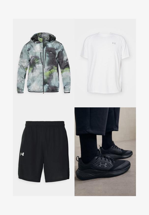 Let jakke i nuancer af grøn, grå og sort. Har hætte, frontlynlås og tekstureret stof med abstrakte mønstre.; Hvid kortærmet sportsbluse lavet af glat stof. Har en rund halsudskæring og et gråt logo på venstre bryst, samt slidser i siderne ved kanten.; Sorte atletiske shorts lavet af letvægtsstof, med en elastisk talje og et hvidt logo på venstre side.; Person iført sorte atletiske sneakers med teksturerede sider og logo, parret med sorte sokker og cropped bukser på et lyst gulv.