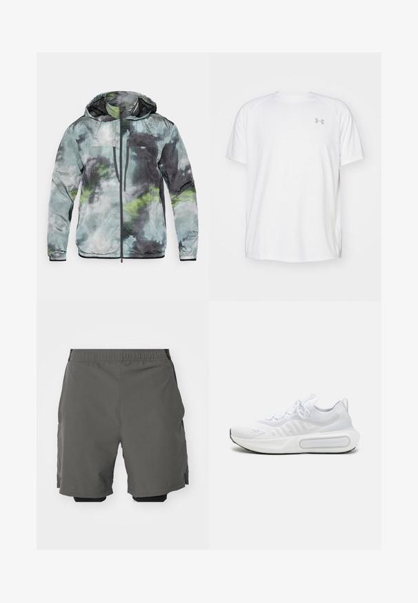 Lichte jas in tinten groen, grijs en zwart. Voorzien van een capuchon, een rits aan de voorkant en een textuurstof met abstracte patronen.; Witte sportieve T-shirt met korte mouwen, gemaakt van gladde stof. Heeft een ronde hals en een grijs logo op de linkerkant van de borst, met zijsplitten aan de zoom.; Grijze sportshorts van een gladde, lichte stof met een elastische tailleband, voorzien van binnenste compressieshorts en zijzakken.; Witte sportieve schoen met een geweven bovenkant, vetersluiting, gevoerde zool en een kenmerkend merkteken aan de zijkant.