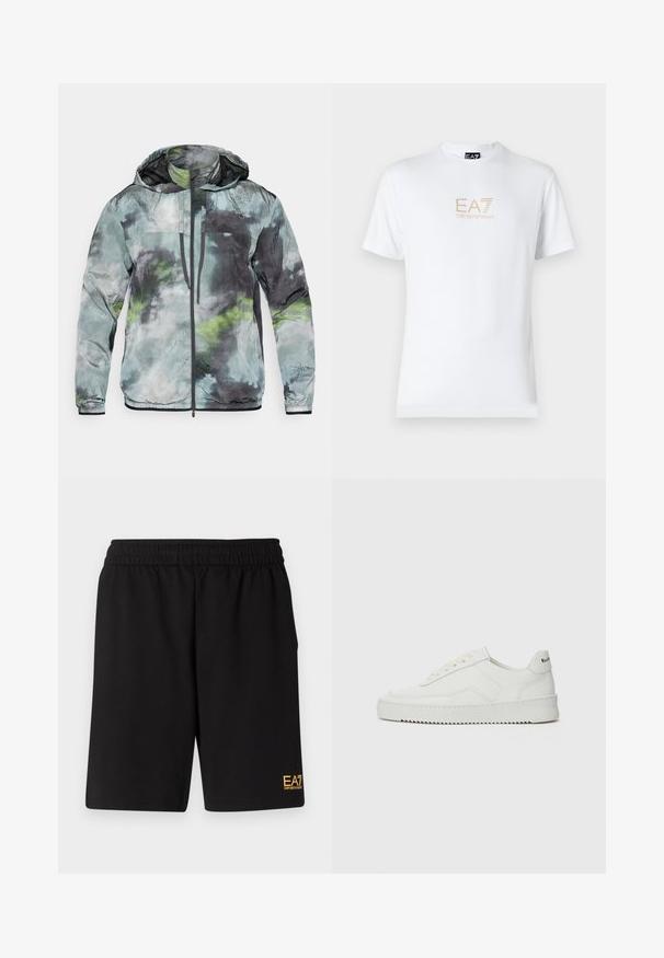 Ľahká bunda v odtieňoch zelenej, šedej a čiernej. Obsahuje kapucňu, predný zips a textúrovanú tkaninu s abstraktnými vzormi.; Biela bavlnená tričko s okrúhlym výstrihom a krátkymi rukávmi, na prednej strane s potlačou zlatého loga EA7 Emporio Armani.; Čierne športové šortky vyrobené z jemného materiálu, s elastickým pásom a malým žltým logom EA7 na dolnej ľavej nohe.; Biele kožené tenisky s hladkým povrchom, okrúly špičkový dizajn, ploché šnúrky a textúrovaná podrážka. Obsahujú jemné logo na päte.