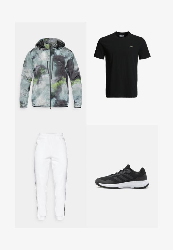 Leichte Jacke in Grüntönen, Grau und Schwarz. Verfügt über eine Kapuze, einen Frontreißverschluss und einen strukturierten Stoff mit abstrakten Mustern.; Schwarzes Baumwoll-T-Shirt mit Rundhalsausschnitt, kurzen Ärmeln und einem kleinen grünen Krokodil-Logo auf der linken Brust. Glatte Textur, lässiges Design.; Weiße Jogginghose mit elastischem Bund, versehen mit schwarzen Streifen an den Seiten und Bündchen. Hergestellt aus weichem Stoff mit glatter Textur.; Schwarzer Sportschuh mit strukturiertem Obermaterial, drei horizontalen Streifen und einer weißen Sohle mit einem gemusterten Profil. Leicht und schlank im Design.