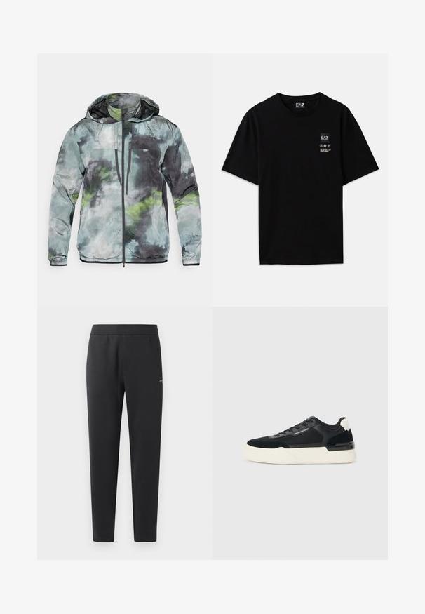 Jachetă ușoară în nuanțe de verde, gri și negru. Are o glugă, fermoar frontal și o țesătură texturată cu motive abstracte.; Tricou negru din bumbac, cu mâneci scurte, guler rotund și un mic eticheta cu logo pe față, având simboluri de îngrijire în alb.; Pantaloni de jogger negri, confecționați dintr-un material moale, cu un brâu elastic, picioare drepte și un detaliu mic cu logo pe lateral.; Adidași negri din plasă și piele, cu o talpă groasă albă și accente contrastante. Șireturi și detalii ale logo-ului pe lateral.