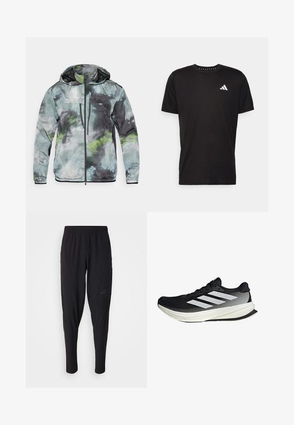 Lightweight jacket in shades of green, gray, and black. Features a hood, front zip, and textured fabric with abstract patterns.; Black cotton t-shirt with short sleeves, crew neckline, and a white logo on the left chest. Smooth texture and simple design.; Black athletic pants with an elastic waistband, tapered design, side pockets, and subtle logo detail. Made from flexible, breathable fabric.; Black athletic shoe with a mesh design, featuring white stripes, a rounded toe, and a textured sole for grip and support.