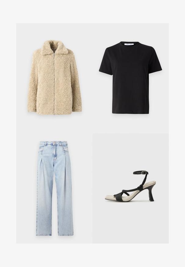 Jachetă din blană ecologică bej cu guler, fermoar frontal și două buzunare laterale. Textură moale și design confortabil.; Tricou negru cu manșon scurt, fabricat din bumbac moale, având un guler rotund, o croială lejeră și o textură netedă. Fără modele sau grafice vizibile.; Jeans din denim albastru deschis cu talie înaltă, croială evazată, două buzunare laterale și un design pliat. Textură moale cu un finisaj decolorat.; Sandal cu toc negru, cu design de curea împletită, vârf pătrat și curea de gleznă ajustabilă. Tălpică de un bej deschis și toc negru lucios.