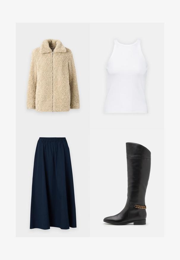 Giacca in pelliccia sintetica beige con colletto, zip frontale e due tasche laterali. Texture morbida e design a vestibilità rilassata.; Top senza maniche bianco realizzato in tessuto a coste, caratterizzato da un collo arrotondato e una silhouette aderente, con cuciture minime e senza decorazioni.; Gonna lunga di colore blu navy realizzata in tessuto testurizzato con vita elastica e sottili righe verticali.; Alti stivali in pelle nera dal design elegante, punta affusolata e dettagli in catena dorata alla caviglia. Tacco a blocco basso. Texture liscia.
