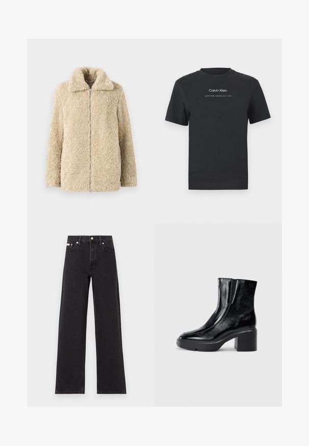 Μπεζ ψεύτικη γούνα με γιακά, μπροστινό φερμουάρ και δύο πλαϊνές τσέπες. Μαλακή υφή και χαλαρή εφαρμογή.; Μαύρη βαμβακερή μπλούζα T-shirt με στρογγυλή λαιμόκοψη, κοντά μανίκια και λευκό εκτυπωμένο λογότυπο "Calvin Klein" καθώς και κείμενο "Established 1968".; Μαύρο τζιν παντελόνι φαρδιάς γραμμής από τζιν, με ψηλή μέση, πέντε τσέπες και κούμπωμα με μεταλλικό κουμπί, καθώς και αντίθετη ραφή.; Μαύρες πατενταρισμένες δερμάτινες μπότες στον αστράγαλο με καμπυλωτή μύτη, ελαστικές πλαϊνές πινακίδες και χοντρό μπλοκ τακούνι. Διαθέτουν ανάγλυφο λογότυπο στο πίσω μέρος.