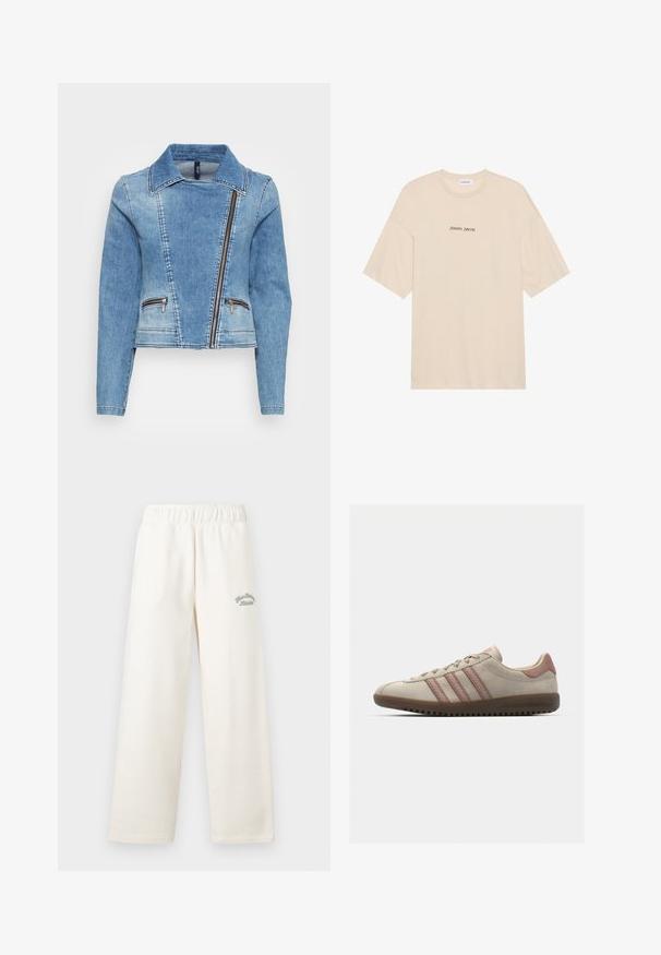 Liu Jo Jeans GIACCA CHIODO BRILLANT - Casaco de ganga - blue miami beach; Camiseta de algodão bege com um corte descontraído, apresentando mangas curtas e um decote arredondado. "Positive Sincere" impresso em preto na frente.; Calças largas de cor creme feitas de material suave, com uma cintura elástica. Apresenta texto bordado em verde discreto na frente.; Sapatilhas de camurça bege com detalhes em rosa, apresentando três riscas sobrepostas, uma biqueira texturizada e uma sola de borracha com ranhuras.