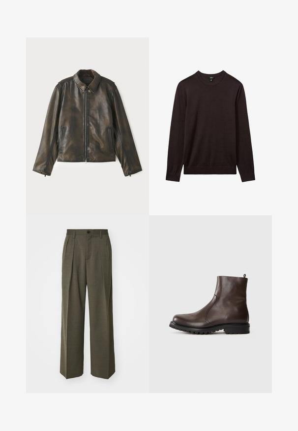 Læderjakke i mørkebrun med fremadgående lynlås, trykknapkrave og to sidelommer. Glat tekstur med subtile farvevariationer.; Reiss Striktrøje - dark bordeaux; Filippa K WIDE TROUSERS - Bukser - driftwood; Brun læder ankelstøvle med en glat tekstur, elastiske sidepaneler, trækflig bagpå og en robust gummisål.