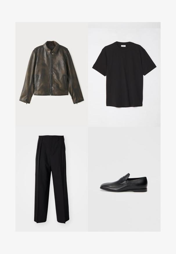 Leather jacket in dark brown, featuring a front zipper, snap collar, and two side pockets. Smooth texture with subtle color variations.; Black cotton t-shirt with a crew neck, short sleeves, and a relaxed fit. Simple design, smooth texture, and no visible patterns or logos.; Black pleated trousers with a straight, wide-leg design. Made from smooth fabric, featuring a button closure and belt loops.; Black leather slip-on shoe with a pointed toe, smooth texture, and subtle branding on the side. Low heel with a clean, minimal design.