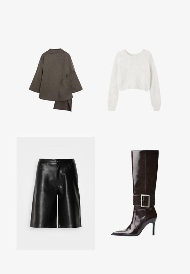 Asymmetrisk brun uldjakke med brede ærmer, høj halsudskæring og et lagdelt design, der draperer elegant bagpå.; Grå cropped sweater lavet af blødt, fuzzy materiale. Har lange ærmer og en rund halsudskæring med en glat, let tekstur.; Kortærmet, lys creme top med rund hals, lavet af blødt stof. Den har en afslappet pasform og glat tekstur, der er velegnet til lag-på-lag.; Sorte lædershorts med en glat tekstur, der har forlommer, lynlås og en skræddersyet pasform.; Mørkebrune knæhøje læderstøvler med spids tå, stiletto-hæl og bred rem med stort rektangulært sølvspænde.