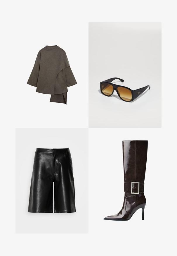 Asymmetrisk brun uldjakke med brede ærmer, høj halsudskæring og et lagdelt design, der draperer elegant bagpå.; Grå cropped sweater lavet af blødt, fuzzy materiale. Har lange ærmer og en rund halsudskæring med en glat, let tekstur.; Kortærmet, lys creme top med rund hals, lavet af blødt stof. Den har en afslappet pasform og glat tekstur, der er velegnet til lag-på-lag.; Sorte lædershorts med en glat tekstur, der har forlommer, lynlås og en skræddersyet pasform.; Mørkebrune knæhøje læderstøvler med spids tå, stiletto-hæl og bred rem med stort rektangulært sølvspænde.; Sorte rektangulære solbriller med brune gradientlinser. Lavet af plast, med en glat overflade og et diskret guld logo på stangen.