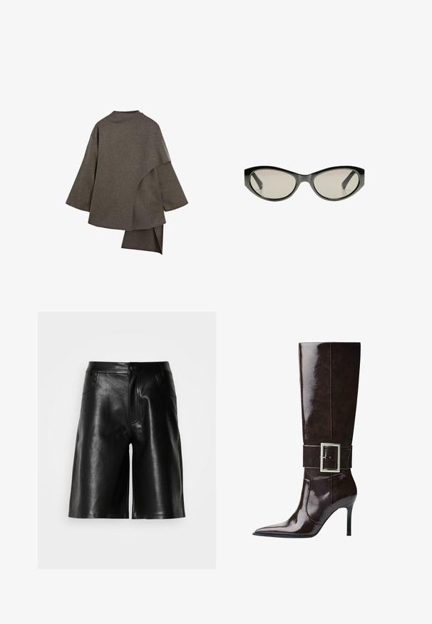 Asymetrická hnědá vlněná bunda s širokými rukávy, vysokým výstřihem a vrstveným designem, který elegantně splývá vzadu.; Šedý krátký svetr vyrobený z měkkého, chlupatého materiálu. Má dlouhé rukávy a kulatý výstřih, s hladkou a lehkou texturou.; Krátký rukáv, světle krémový top s kulatým výstřihem, vyrobený z měkké látky. Má volný střih a hladkou texturu, vhodný pro vrstvení.; Černé kožené šortky s hladkou texturou, které mají přední kapsy, zip a upravený střih.; Tmavě hnědá kožená vysoká bota do kolen s špičatou špičkou, jehlovým podpatkem a širokým páskem s velkou obdélníkovou stříbrnou sponou.; Černé sluneční brýle ve stylu "kočičí oči" se šedými zabarvenými skly. Plastový rám má ostré hrany a hladký, lesklý povrch.