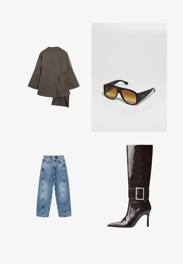 Asymmetrische bruine wollen jas met brede mouwen, een hoge halslijn en een gelaagd ontwerp dat elegant aan de achterkant valt.; Grijze cropped trui gemaakt van zacht, fuzzy materiaal. Heeft lange mouwen en een ronde halslijn, met een gladde, lichte textuur.; Lichtblauwe denim jeans hebben een relaxte pasvorm, grote zakken en contrasterende stiksels. De stof heeft een vervaagde afwerking met een soepele textuur.; Donkerbruin leren kniebots met een spitse neus, stilettohak en een brede band met een grote rechthoekige zilveren gesp.; Zwarte rechthoekige zonnebril met bruine verlooplenzen. Gemaakt van plastic, met een glad oppervlak en een subtiele gouden logo op de poot.